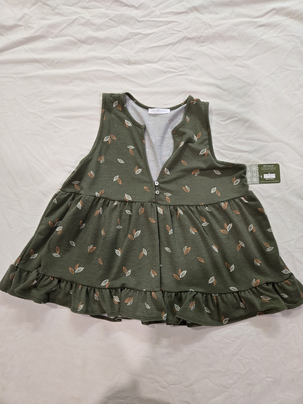 Ces Femme Olive Green Ruffled Tank Top with Leaf Print